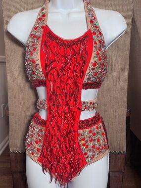 Red Embellished Kids Dance Costume - Designer Style